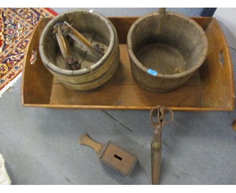 A Victorian stained pine crib, two vintage plates, Victorian shears, an early 20th century collection box and a pair of Victo