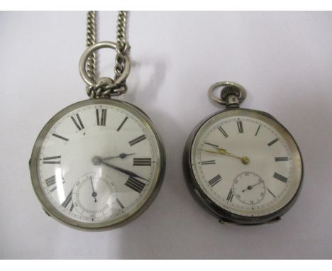 Two Victorian silver pocket watches and a silver watch chain 