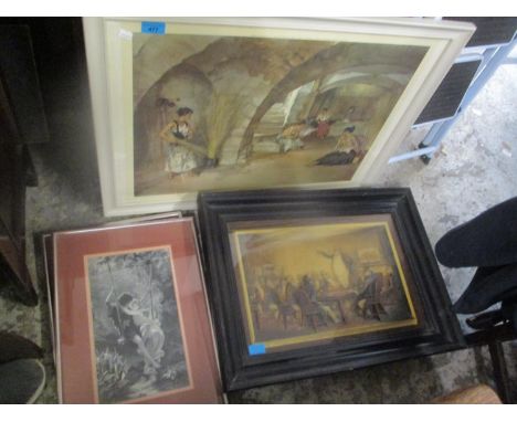 Pictures to include after Russell Flint The Four Sisters print, signed in pencil, an ivorine and tapestries 