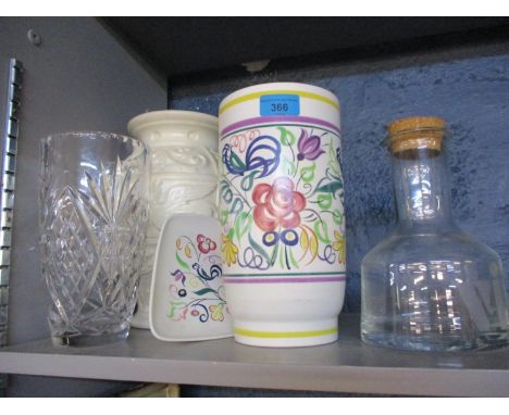 A Poole pottery vase and dish, together with a cut glass vase, a glass bottle with a cut glass vase, a glass bottle with cork