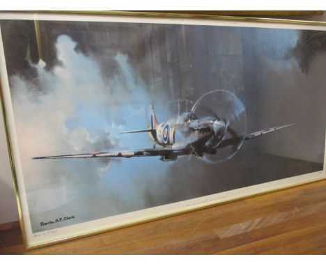 Barrie.A.F.Clark - Vickers Supermarine Spitfire MK VB 243 Squadron, a print dated 1978, framed in a gold coloured metal frame