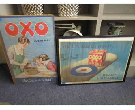 Two vintage Oxo posters On a Plane by Itself Ready and Reliable, possibly WWII, 18 1/8" x 27", framed and glazed and The Oxo 