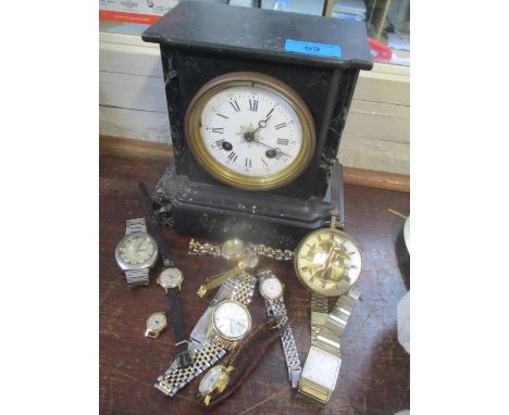 Wristwatches to include a retro Rotary steel cased example, Sekondas and others along with a black slate mantle clock 
