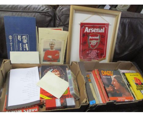 Sporting memorabilia to include an Arsenal 1994 signed flag, Darts World magazines and signatures, and football-related pictu