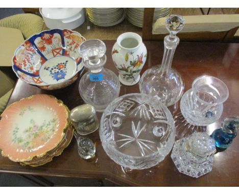 Victorian and later ceramics and glassware to include an Imari bowl, an inkwell, a silver lidded dressing table jar, decanter