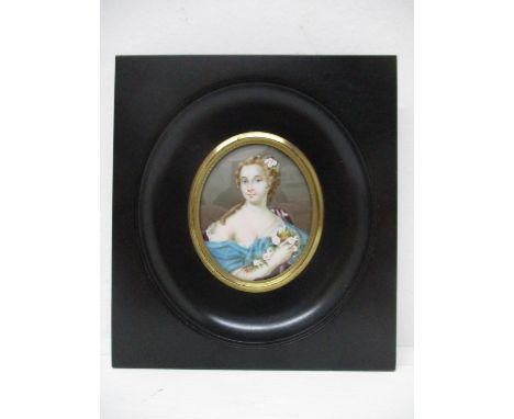 19th Century French School - a half length portrait miniature of a woman with flowers in her long brown hair, wearing a purpl