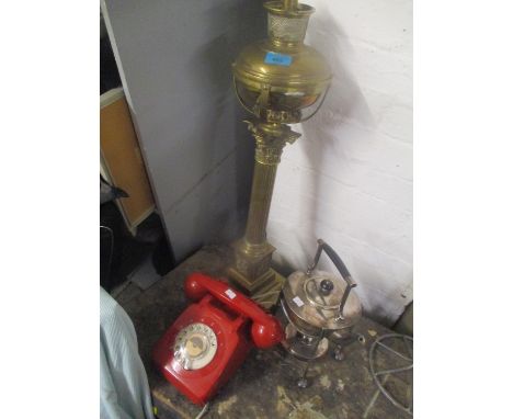 A mixed lot to include a silver plated spirit kettle, brass oil lamp and a retro telephone 