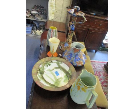 A Bursley ware Benares vase, a Bursley ware Amstel candlestick, a Brenleigh ware Lynton vase, a Wade Heath ware jug and other