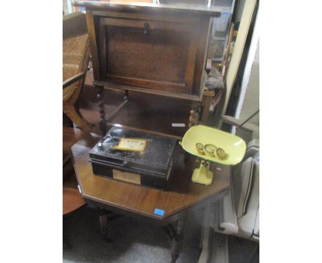 A mixed lot to include an octagonal topped occasional table, an ebonized large mirror, standard lamp, coal chest, two tin box