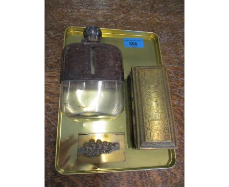 An 18th century Dutch engraved brass tobacco box, a small brass box, possibly for snuff and a hip flask A/F 