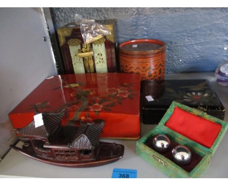 Jade jewellery box and mixed boxes, a carved boat and bowls 