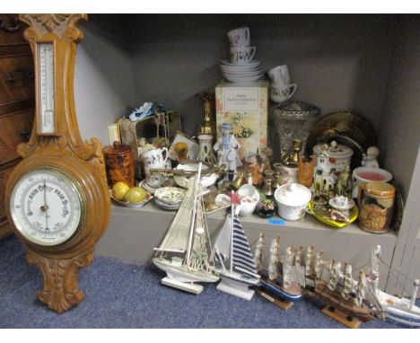 A mixed lot comprising ornaments, china, glass and treen, brassware, six model ships, an oak cased barometer, a reproduction 