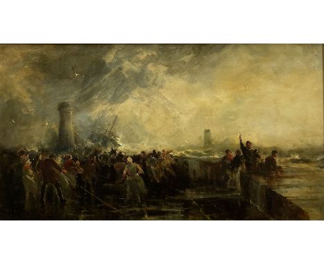 Stephen Frank Wasley (British 1848-1934): Sailing Vessel floundering on the West Pier Whitby, oil on canvas signed 44cm x 80c