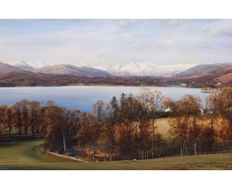 Alan R Thompson (British 1953-): Langdale Pikes covered in Snow, oil on canvas signed, dated 1988 verso 49cm x 75cmProvenance