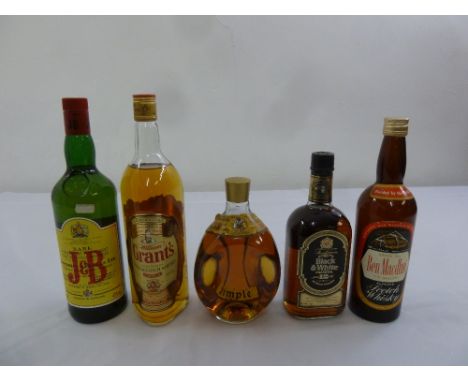 Five bottles of Scotch whisky to include J & B, Grants, Dimple Haig, Black and White and Ben Macdhui