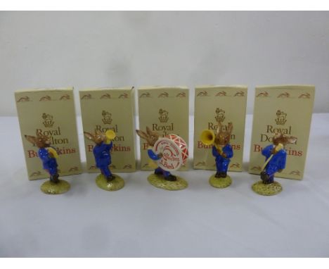 Five Royal Doulton Bunnykins figurines playing musical instruments, to include original packaging