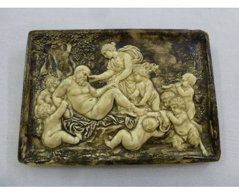 An antique prattware plaque of a Bacchanalian scene, 19.5 cm (h)