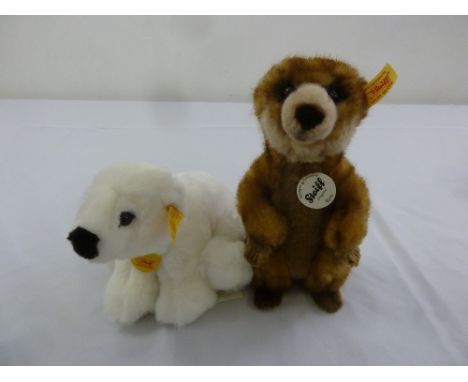 Two Steiff animals, Polar Bear Knut 113062 and Meerkat Rico 064425, both with button and label