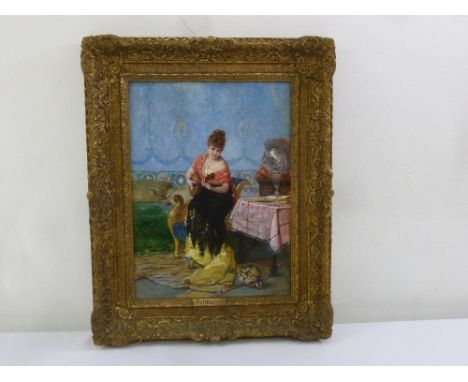 Vincente Palmaroli framed oil on board of a lady playing a mandolin, signed bottom right, 39 x 28.5cm