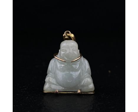 A yellow metal mounted figural jade Laughing Ho Tai Buddha pendant with an openwork Chinese 'Fu' character to bestow blessing