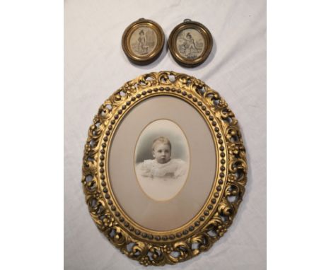A 19th century pair of miniature stipple engravings in gilt frames along with a tinted black and white photographic portrait 
