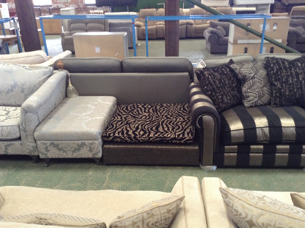 BLACK AND GOLD STRIPED SPLIT 3 SEATER SOFA, BLACK AND GOLD PATTERNED 2