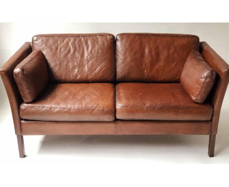 DANISH SOFA, 1970's Danish hand dyed mid brown grained leather with back seat and side cushions, 163cm W. 