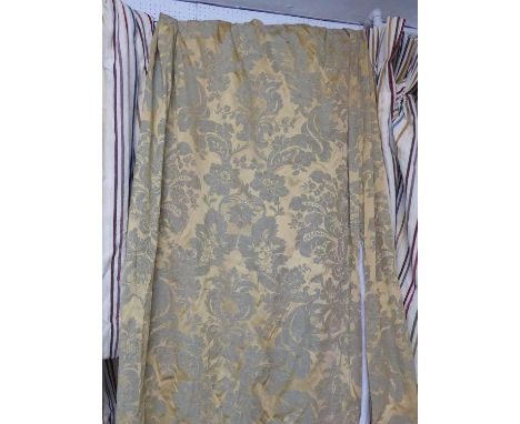 CURTAINS, a pair, gold damask, lined, each curtain 258cm W gathered by 323cm drop and another smaller pair to match, each cur