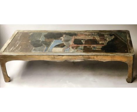 LOW TABLE, rectangular antique Chinese incised and painted panel within a gilt slip and glazed and grey gilt frame, reputedly