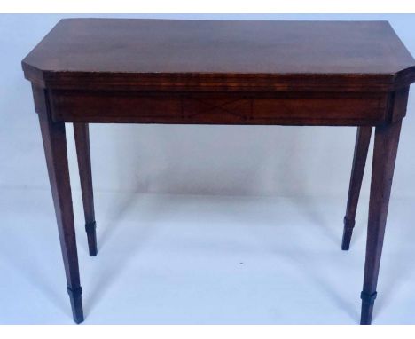 CARD TABLE, George III mahogany and ebony inlaid with canted foldover baize lined top and X centred frieze, 89cm x 44cm x 74c