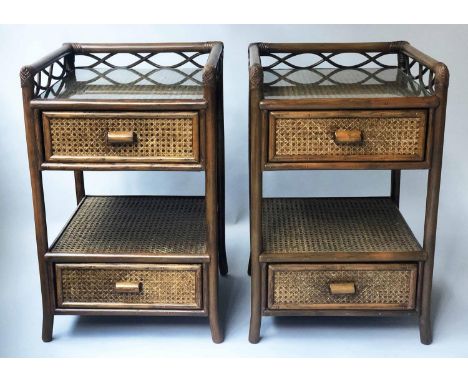 ETAGERES/LAMP TABLES, a pair, woven rattan each with drawer, undertier and glass top by Anne Graves of  Lancester, 70cm H x 4