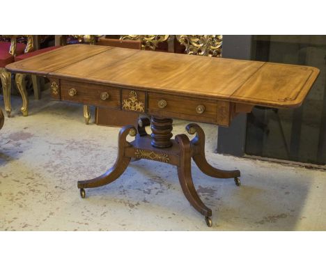 SOFA TABLE, Regency mahogany with inlaid detail, two opposing real and dummy drawers with gilt metal mounts on central carved