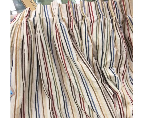 CURTAINS, three pairs, multi coloured striped fabric one pair 55cm x 145cm drop, the other two pairs 135cm x 125cm drop. (6) 