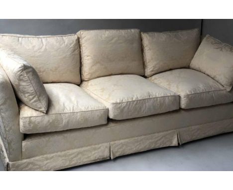SOFA, country house style cream brocade upholstered, feather down cushions throughout by Ashley Lawrence, bespoke makers, 220