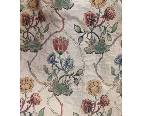 CURTAINS, two pairs, jacquard design, one pair 190cm gathered x 225cm drop, the other 130cm gathered x 225cm drop. (4) 