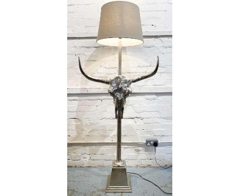 BUFFALO SKULL FLOOR LAMP, silvered metal with shade, 171cm H. 