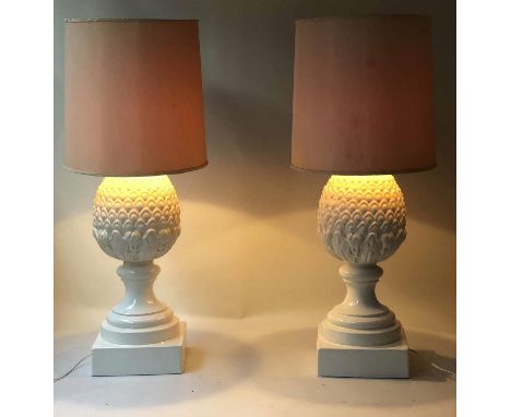 CASA PUPA PINEAPPLE LAMPS, a pair, large 1970's white ceramic pineapple on column with shades, 112cm H. (2) (with faults) 