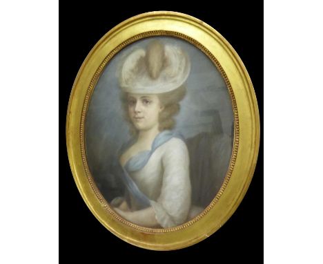 19th CENTURY SCHOOL 'Portrait of a Lady in White Hat', pastel drawing, 63cm x 52cm, in oval glazed frame. 