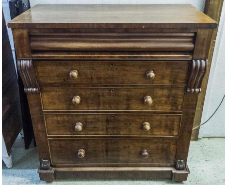 SCOTCH LINEN CHEST, Victorian mahogany, with shaped drawer above fall front enclosing sliding trays with three further drawer