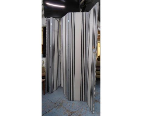 SCREENS, a pair, striped fabric with studded detail each three fold, each panel 211cm H x 44cm. (2) 
