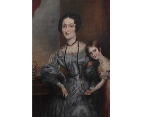 English School, circa 1830, oil on canvas - portrait of mother and child, named verso as Mrs Charles Purcell Cotter and her d