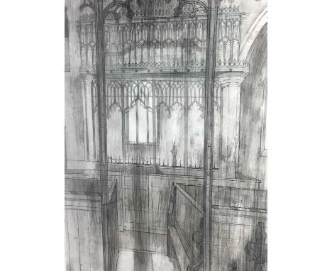 Valerie Thornton (1931 - 1989) - pencil and watercolour in glazed frame - architectural study of a church interior, title ver