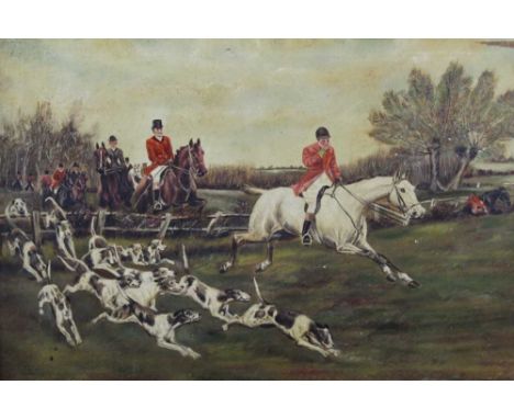 English School circa 1900, oil on canvas, A hunting scene, in veneered walnut frame, 37 x 55cm