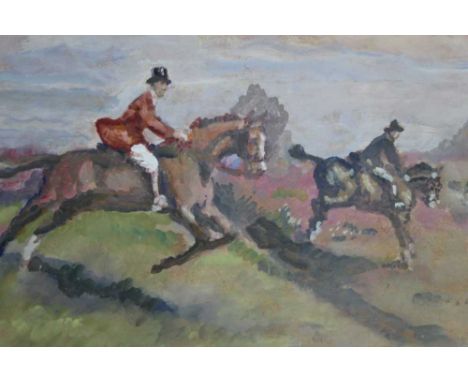 Ronald Ossory Dunlop (1894-1973), oil on board, A hunting scene with riders jumping a ditch, signed, in painted frame, 28 x 3
