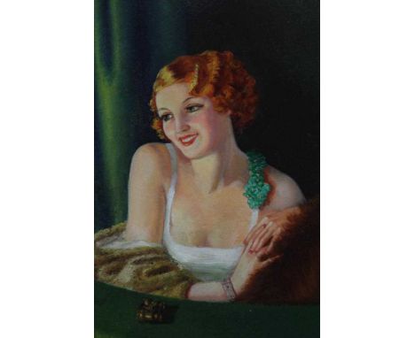 Dorothy Piffard, 1930s oil on board - portrait of a glamours lady seated in a theatre box, framed, 39cm x 29cm