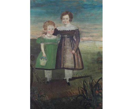 19th century American School, a naive oil on canvas of two children standing in a landscape, in gilt frame, 74 x 60cmConditio