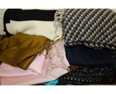 Selection of shawls and pashminas - shawls with sequin and beads embellishments, two lengths of brightly coloured silk brocad