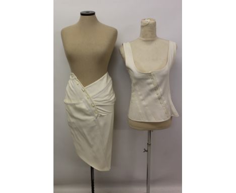 Christian Dior Boutique cream crepe two piece with lace cup bodice and abstract drape skirt with button and buckle fastenings