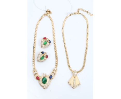1980 Christian Dior gilt metal necklace, signed, together with Grossé necklace and matching clip-on earrings