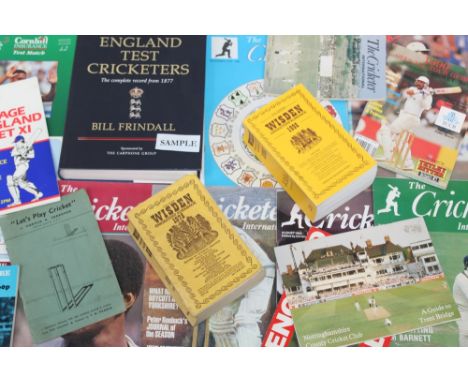 Three boxes of cricket books, magazines and programmes - including Wisden annuals and anthologies, along with vintage edition